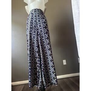 Wide Leg Palazzo Pants Women’s Elastic Waist Lightweight Ikat Print Navy Blue